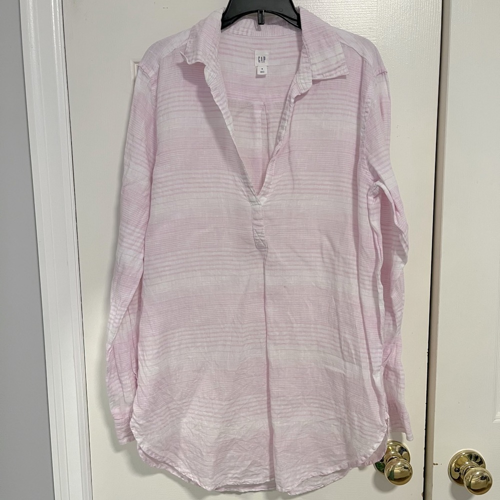 Gap Pink and White Linen Tuning Long Sleeve Top (Small)